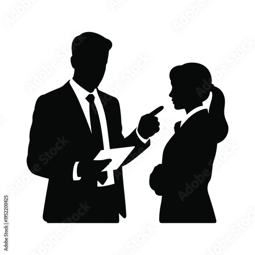 Business people silhouette, man in suit pointing finger at woman, boss reprimanding employee