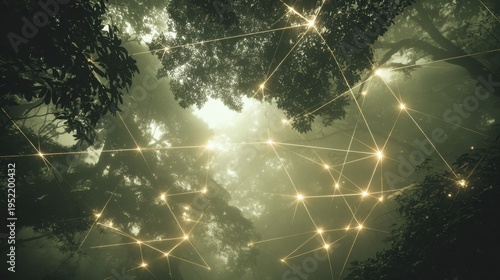 Forest Canopy Interconnected by Glowing Network: Nature and Technology Blend