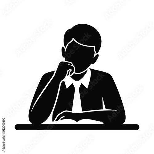 Thoughtful student silhouette sitting at desk with hand on chin for study and problem solving icon