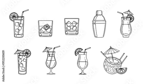 Monoline summer cocktail icon set with assorted drink symbols for bar menu advertising and seaside themes