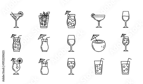 Summer cocktail line icon set with drink symbols for bar menu holiday vacation and seaside themes