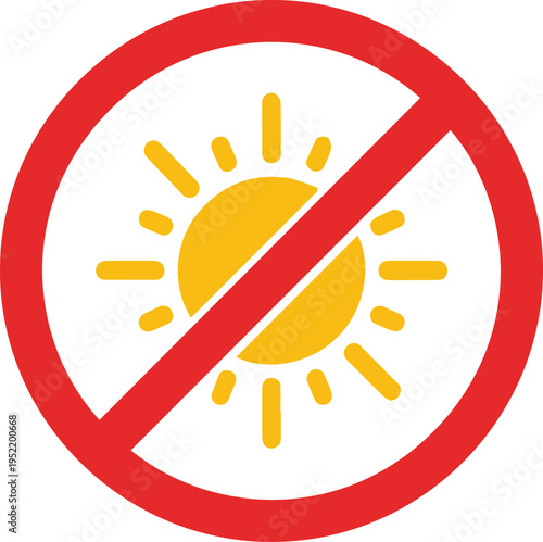 Clear graphic symbol indicating the avoidance of direct sunlight, essential for health and safety messages regarding sun protection, UV ray warning, or a no-sun exposure policy