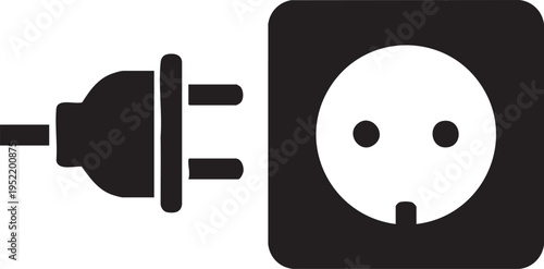 A black electric plug and socket vector illustration symbolizes power technology and equipment for a business web button or computer sign