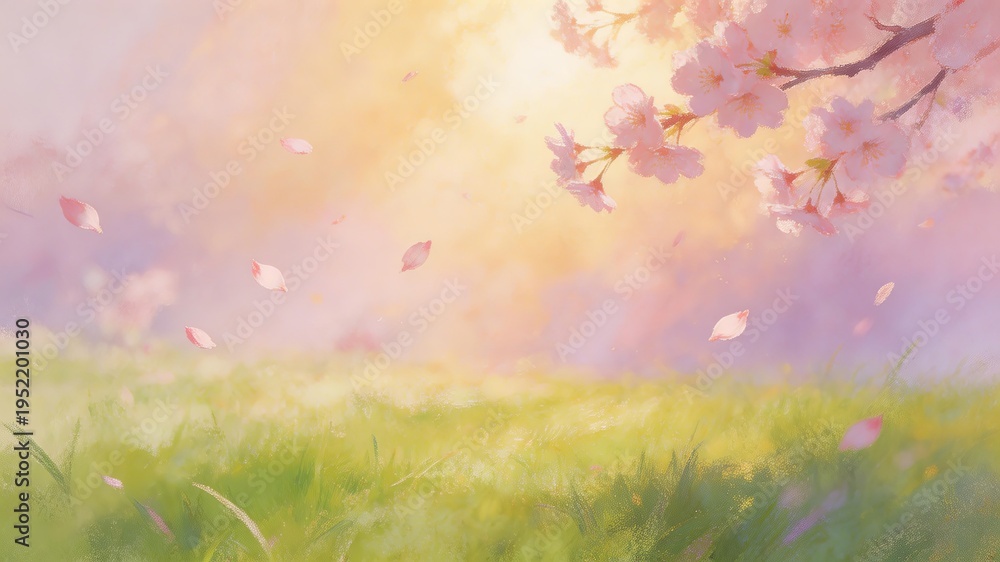 Fototapeta premium A dreamy spring landscape with pink cherry blossoms in bloom, floating petals, and lush green grass under soft, warm sunlight. Serene and peaceful natural scenery.