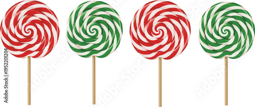 Colorful red and green swirled lollipops, festive candy sticks, holiday sweets, vibrant confectionery treats, Christmas dessert decoration background