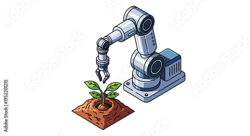 Robot arm planting a green seedling.