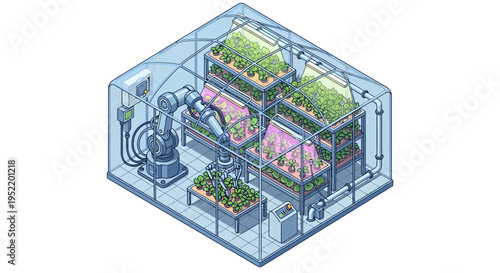 A futuristic hydroponic farm inside a cube.