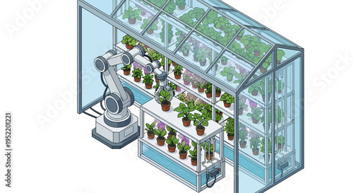 Robot tending plants in a greenhouse.