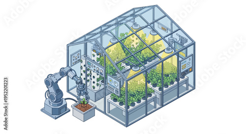 Robot arm in a futuristic greenhouse with plants and automated systems.