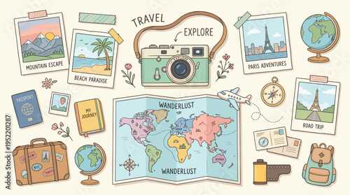 Travel and Exploration Theme with Vintage Camera and World Map