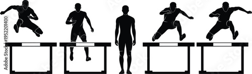 Athletic Hurdle Jumper Silhouette Set Featuring Male Athletes Jumping Over Barriers and Standing for Track and Field Sports Competition 