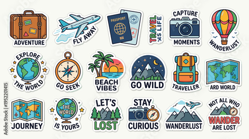 Travel Sticker Pack with Various Travel Related Icons and Slogans