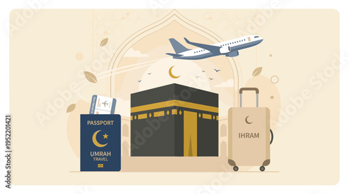 Umrah Travel Concept Illustration with Kaaba Airplane Passport and Luggage
