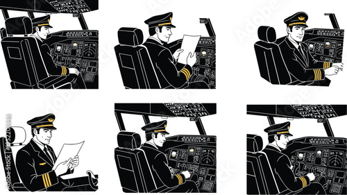 Commercial airline pilot in cockpit operating controls, reading documents, professional aviation uniform, flight instruments, aviation safety, airline industry