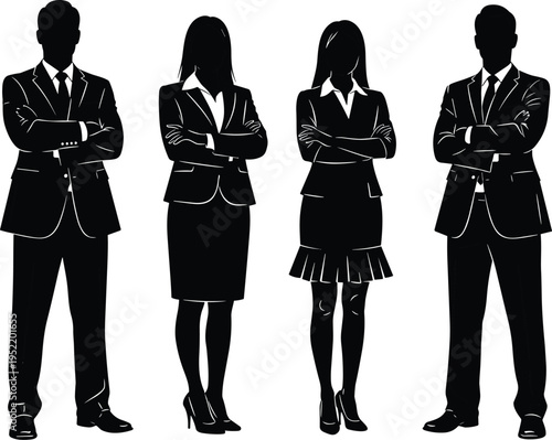 Confident business professionals in silhouette, corporate attire, teamwork concept, leadership posture, formal suits, workplace diversity illustration