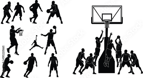 Basketball Players Silhouette Collection Featuring Athletes Dribbling Jumping Shooting and Slam Dunking Near Hoop for Sports Design Vector Illustration