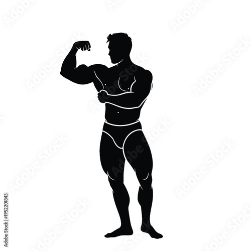Muscular male superhero silhouette flexing bicep in neon blue outline against black background fitness strength power