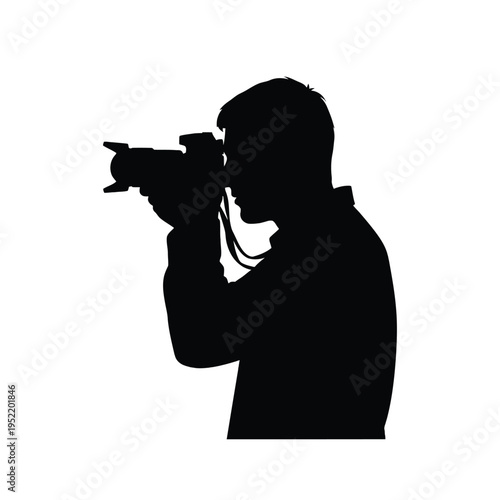 Silhouette of a photographer taking a picture with a camera on white background