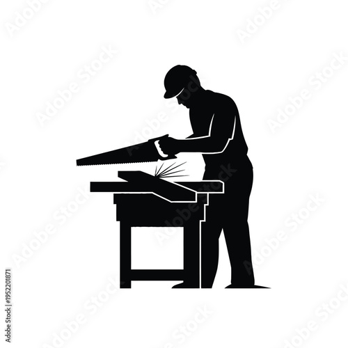 Carpenter planing wood on workbench in workshop black and white illustration minimalist craftsmanship skill