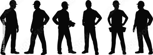 Construction Worker Silhouette Collection, Builder and Engineer in Safety Helmet, Industrial Labor Workforce Illustration Set