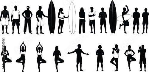 Black and white silhouettes of people surfing holding surfboards practicing yoga tree pose and standing in summer beach lifestyle poses