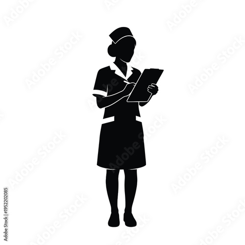 Female Flight Attendant Reading Document Silhouette Illustration