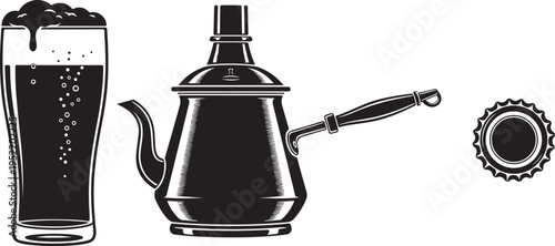 Beer Glass Coffee Pot and Bottle Cap Icons Isolated on White Background