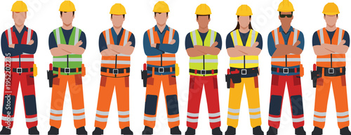 Construction workers in safety vests and hard hats, diverse team standing together, industrial workforce, teamwork, occupational safety concept