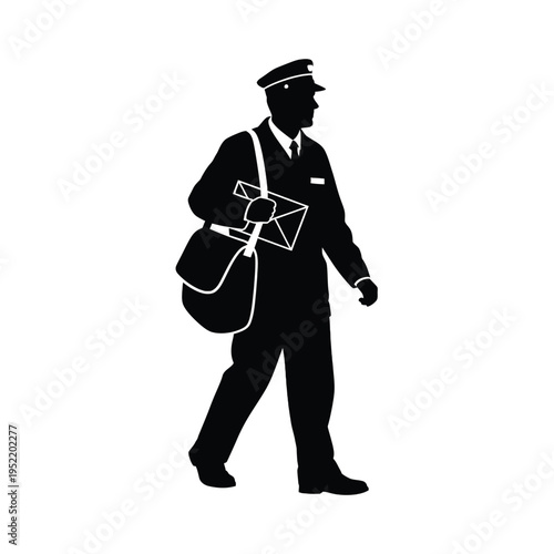 Professional hotel bellhop porter walking with luggage bag in elegant black uniform and cap vector illustration