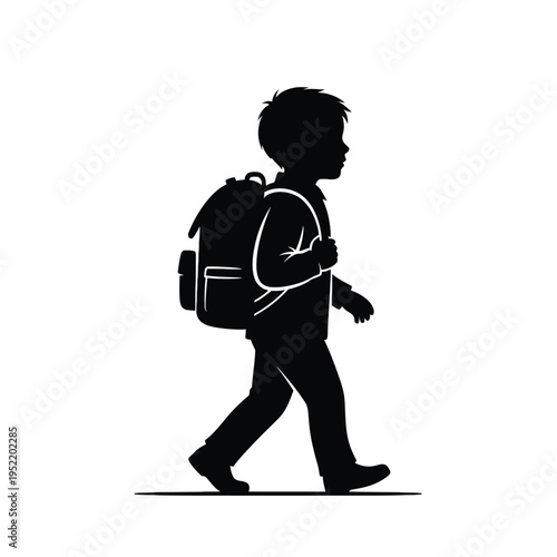 Young boy walking to school with backpack silhouette illustration