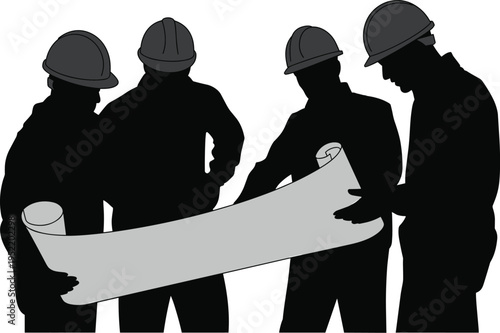 Construction workers team collaboration silhouette examining blueprint plan, engineering teamwork concept architecture project planning design industry illustration