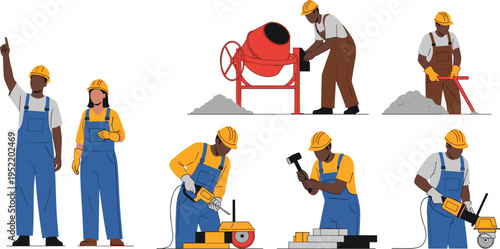 Construction workers with safety helmets operating tools, mixing cement, compacting soil, teamwork on building site, industrial labor tasks
