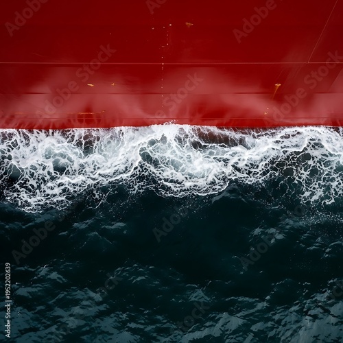 Aerial view captures dramatic red ship hull meeting dark, churning ocean water surface texture