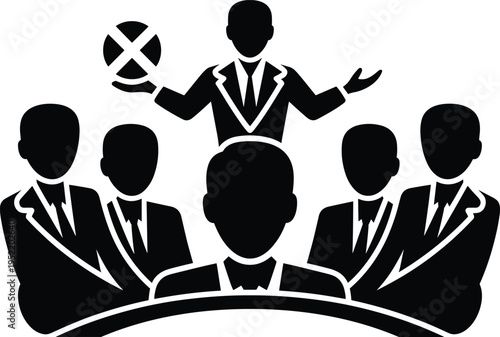 Business team leader presenting strategy to group, corporate meeting concept, teamwork and leadership symbol, monochrome vector illustration design element
