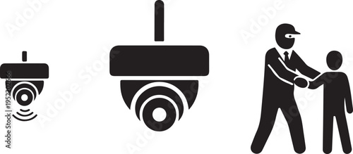 Security Camera Monitoring and Guard Apprehension Icon Set Isolated on white background
