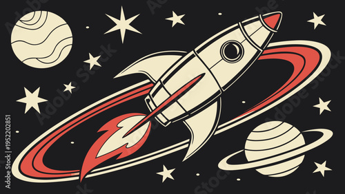 Retro styled rocket ship blasts off into outer space with planets