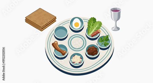 Illustration of Traditional Passover Seder Plate with Wine and Matzo