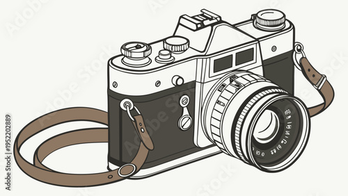 A minimalist vector illustration of a vintage camera with a brown leather strap