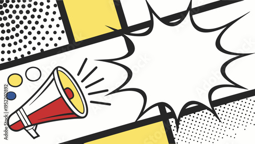 A colorful pop art style illustration of a megaphone with a speech bubble