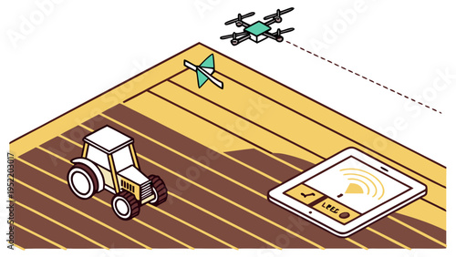 A vector graphic illustration of a tractor, drone, and tablet on a farm field, showcasing modern agricultural technology.