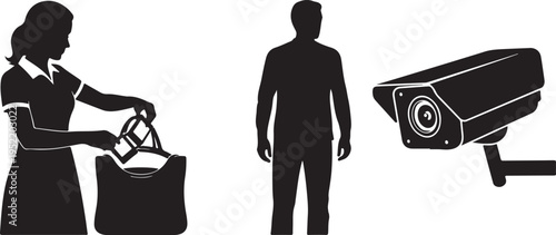 Woman Placing Item in Bag Man Standing Security Camera Surveillance Isolated on white background