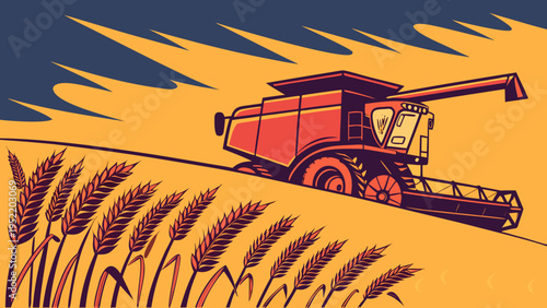 A vector graphic illustration of a combine harvester in a wheat field with a blue sky