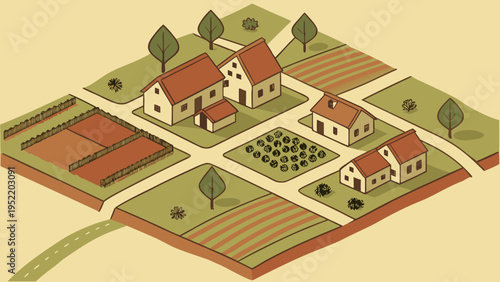 A charming vector illustration of a rural village with houses and farmland