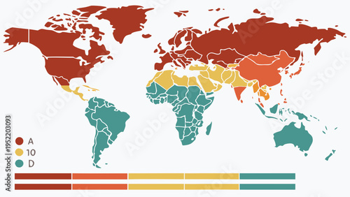 A colorful vector graphic illustration of a world map with different colored regions and a legend