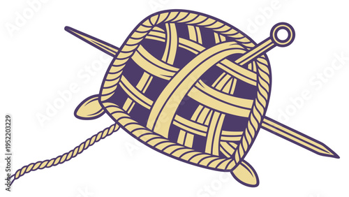 A vector graphic illustration of a ball of yarn with knitting needles