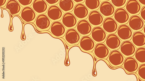 A vector graphic illustration of a honeycomb with dripping honey on a beige background