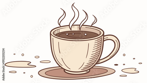 A steaming cup of coffee on a saucer with spilled droplets around it