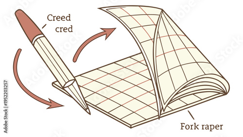 A vector graphic illustration of a pen writing in a notebook with labeled parts.