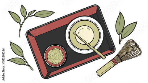 A vector graphic illustration of a traditional Japanese tea set with matcha bowl and whisk on a decorative tray
