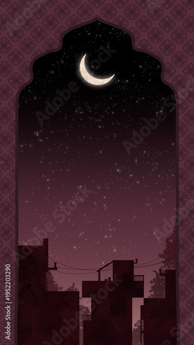 Mystical Arabian Night Cityscape Silhouette with Crescent Moon, perfect for book covers and storybook illustrations
